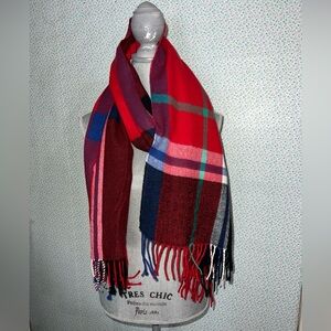 J Crew Unisex Red, Blue, Black, White Plaid Blanket Fringe Scarf NEW
